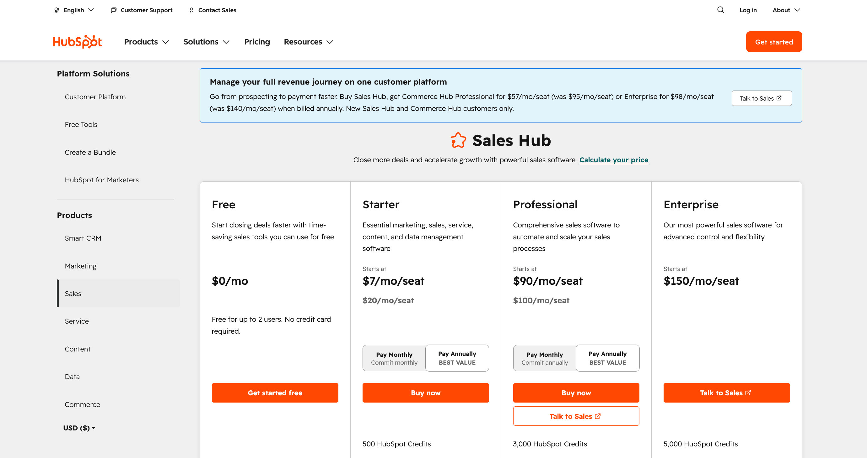 Hubspot pricing for sales hub in four tiers